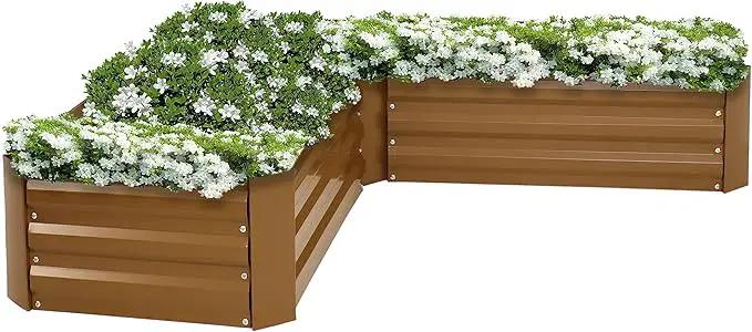 Sunnydaze 11.75" H Raised Metal Garden Bed - Galvanized Raised Garden Bed Outdoor for Vegetables and Flowers - Brown - L-Shaped