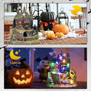 DREAM GARDEN Halloween Village Collection, Lighted Spooky Haunted House with Animated Train and Scary Sound Resin Spooky Town with Skull, Pumpkin, Ghost for Holiday Party Tabletop Decor by CozyNest Decor