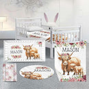 Custom Nursery Crib Bedding Set: Personalized Name 4 Piece Flower Highland Cow Design Baby Crib Sets for Baby Girls - Toddler Double Layer Blanket Set, Comfortable Crib Bed Sheets for Baby Toddlers by TinyTreasures Baby Boutique