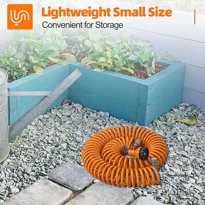 3/8” Lightweight Coil Garden Hose 75 FT, EVA Retractable Curly Water Pipe with 6-Pattern Spray Nozzle for Boat, Greenhouse, Yard, Patio (Orange), photo 3 of 7