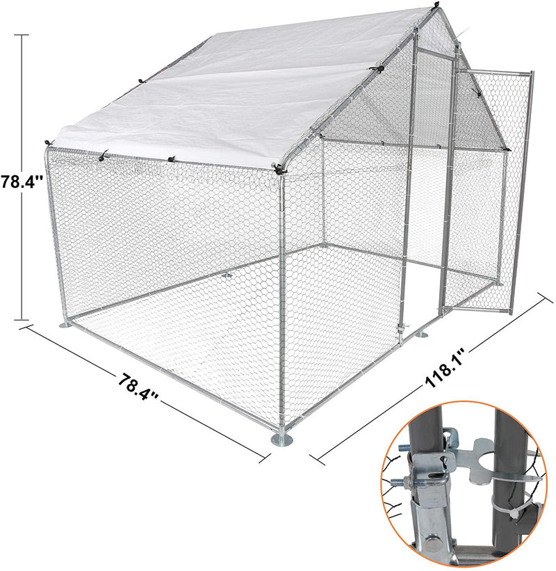 Outdoor Large Metal Chicken Coop 10' x 6.5' x 6.5' Walk-in Poultry Cage Backyard Hen House with Chicken Run Cover