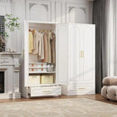 Metal Armoire Wardrobe Closet with 2 Doors, 71" Tall Wardrobe Cabinet with Hanging Rod, Drawers and Adjustable Shelves, White Clothing Storage Cabinets for Bedroom, Home Office by CozyNest Decor