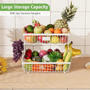 2 Tier Fruit Basket for Kitchen Counter with 2 Banana Hangers, Countertop Metal Fruit Bowl with Wooden Handle, Large Storage Stand for Vegetables, Snacks, Breads, Produce Storage – White by CozyNest Decor