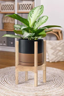 D'vine Dev Ceramic Planter with Natural Stand - 8 Inch Modern Round Flower Pot with Wood Planter Holder, Black/Speckled Tan, 55-B-N-7 by CozyNest Decor