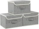 Storage Boxes, Collapsible Storage Bins with Lids, Cotton and linen cloth Storage Baskets with Handle, for Books, Closet, Bedroom, Home, Grey, 3 Pack 10.2 X 7.9 X 6.7in by CozyNest Decor