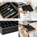 Premium Silverware, Flatware and Utensil Organizer for Kitchen Drawers, Food-Safe Contract Grade, Expandable from 14.5 to 25 In, Black Bamboo by CozyNest Decor