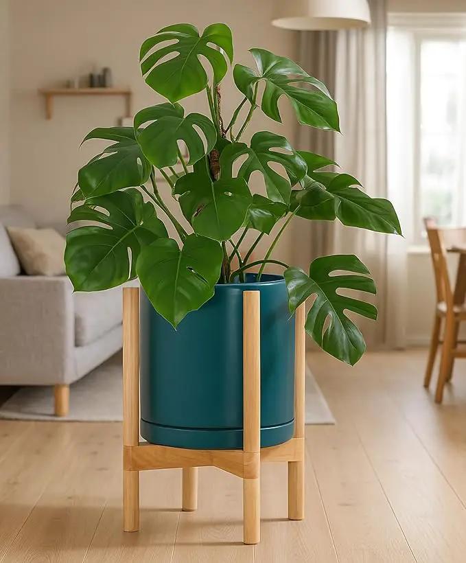 D'vine Dev Ceramic Planter with Natural Stand - 12 Inch Modern Round Flower Pot with Wood Planter Holder, Teal, 55-B-J-4, photo 4 of 7