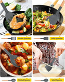Pack of 4 Silicone Cooking Utensils Set, Non Stick Solid Spatulas and Heat Resistant Slotted Spoons with Wooden Handle, Ideal Wood Kitchen Utensils Set for Frying,Serving,Turning,Stirring (GRAY) by CozyNest Decor