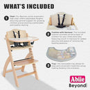 Abiie Beyond Junior Wooden High Chair with Tray - Adjustable and Convertible High Chair for Babies and Toddlers - 6 Months to 250 Lb - Water Resistant - Natural Wood with Beige Cushion by TinyTreasures Baby Boutique