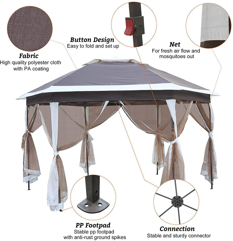 12Ft Outdoor Metal Patio Pop-Up Gazebo with Mesh Nettings for Parties and Outdoor Activities