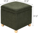Adeco 17 Inch Soft Dark Green Cube Ottoman Storage, Teddy Velvet Chair Foot Stools, Upholstered Vanity Stool with Hinged Lid, Solid Round Wood Legs by CozyNest Decor
