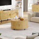 Round Coffee Table with Storage, 31.5" Modern Coffee Table with 360° Curved Sliding Door, Fluted Wood Accent Coffee Table with Adjustable Footpads, Round Center Table for Living Room, Oak by CozyNest Decor