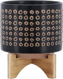 Sagebook Home 9.25" H 8" Diameter Natural Sand and Deep Brown Glazed Ceramic Dotted Planter on Brown Rubberwood Stand for Indoor and Outdoor Decorating by GreenHaven Gardens