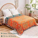 Boho Throw Blanket, 100% Cotton Ultra Soft Luxury Throw Rustic Quilt, 80"x90" Floral Printed Farmhouse Decor Bed Summer Blankets, All Season Rustic Reversible Bohemian Throw for Bed - Orange by CozyNest Decor