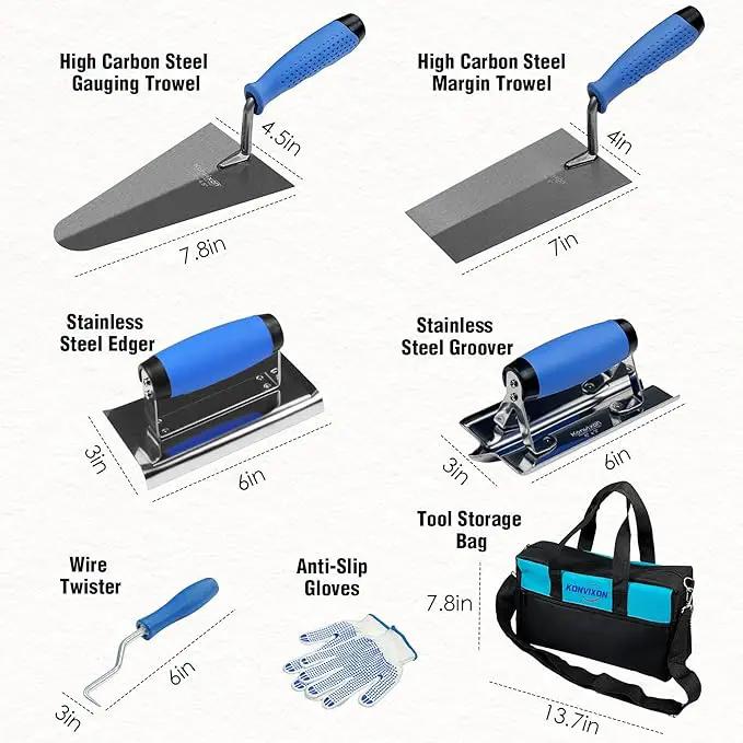 10PCS Concrete Trowel Set, Masonry Hand Tool Set Includes Large Flat Finishing and Pool Trowel, Wood Float, Concrete Edger and Groover, Margin Gauging, Wire Twister, Gloves & Carry Bag, photo 3 of 8