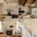 Gold Wagon Wheel Chandelier, 59 Inch Brass Chandeliers with Unique Glass Shade, 15-Light Crystal Large Wagon Wheel Chandeliers for Dining Room, High Ceiling Round Chandelier for Living Room, Foyer by CozyNest Decor