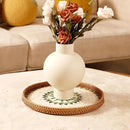 Round Rattan Tray with Mother of Pearl Inlay & Wooden Base - Decorative Wicker Serving Tray for Coffee/Bread/Fruits, Food Storage & Display - Multipurpose Home Decor (M,Bohemia) by CozyNest Decor