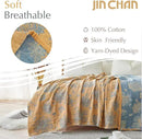 jinchan Boho 100% Cotton Muslin Queen Size 80x90 Inches Blanket Lightweight 4-Layer Quilted Soft Yellow and Blue Floral Throw Blanket Reversible Comfy Flower Rustic All Seasons Couch Bedroom Decor by CozyNest Decor