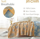 jinchan Boho 100% Cotton Muslin Twin Size 60x80 Inches Blanket Lightweight 4-Layer Quilted Soft Yellow and Blue Floral Throw Blanket Reversible Comfy Flower Breathable All Seasons Couch Bedroom Decor by CozyNest Decor