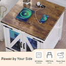 Farmhouse End Table, 24" Large Sofa Side Table with Charging Station, Mesh Barn Door, and Adjustable Storage Shelf, Rustic Wood Square Nightstand for Living Room, Bedroom, Office, White &Brown by CozyNest Decor