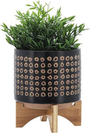 Sagebook Home 9.25" H 8" Diameter Natural Sand and Deep Brown Glazed Ceramic Dotted Planter on Brown Rubberwood Stand for Indoor and Outdoor Decorating by GreenHaven Gardens