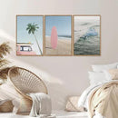 Tinonedraw Large Ocean Beach Framed Canvas Wall Art, Summer Coastal Surfboard Wall Decor, Palm Tree Pink Car Artwork, Modern Surfing Seascape Art Prints for Living Room Bedroom Office 16"x24"x3 by CozyNest Decor