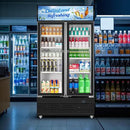 Tylza Commercial Refrigerator, Double Glass Door Display Beverage Fridge, 28.1 Cu Ft Upright Beverage Cooler Merchandiser with Replaceable Advertising Light Board, Rebound Door, Fast Cooling, Black by CozyNest Decor