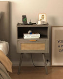 Rattan Nightstand with Outlet,Modern Bedside Table with Storage Drawer and Open Wood Shelf, for Living Room, Bedroom and Small Spaces, Accent Night Stand with Solid Wood Legs,Grey Oak by CozyNest Decor