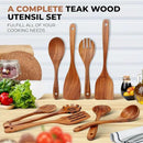 SPATUAMZ Wooden Kitchen Utensils Set, Smooth Finished Wooden Spoons for Cooking, Natural Teak Cooking Utensils Set of 9 for Nonstick Pans and Cookware by CozyNest Decor