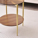 Round Glass End Table, Mid-Century Modern Design Sofa Table for Living Room, D18 x H23, 2-Tier Structure, Amber Glass Top and Walnut Shelf, Sleek Conical Legs with Gold Finish Frame by CozyNest Decor