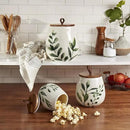 TTU Tabletops Gallery Ceramic Canister Collection- Stoneware Designed Kitchen Storage Acacia Wood White Set, 3 Piece Green Leaf Canister Set by CozyNest Decor