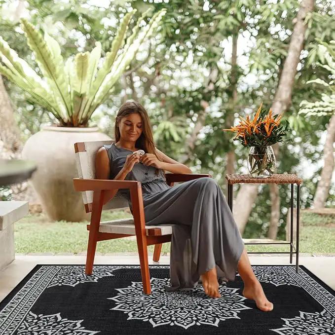 CAMILSON Outdoor Rug, 6x9 Medallion Black White Modern Area Rugs for Indoor and Outdoor Patios, Kitchen and Hallway Mats, Washable Porch Deck Outside Carpet (Medallion Black, 6 x 9), photo 10 of 10
