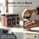 Glass Spice Jars with Label and Stainless Steel Lids (24 x 4oz) Spice Containers with 240 Labels, Shaker Inserts, Steel Funnel, Empty Square Empty Square Seasoning Organizer (Black) by CozyNest Decor
