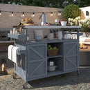 Outdoor Kitchen Island, Rolling Bar Cart & Storage Cabinet, Farmhouse Solid Wood Outdoor Grill Table with Stainless Steel Top, Spice Rack, Towel Rack for Kitchen & BBQ, Grey Blue