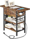 End Table with Charging Station, Flip Top Nightstand with USB Ports and Outlets, Couch Side Table with Fabric Bag and Hooks, Bedside Table for Space Saving, Living Room, Bedroom (Rustic Brown) by CozyNest Decor