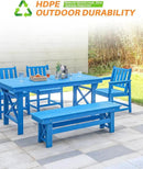 HDPE Outdoor Dining Set of 6, Patio Dining Table Set with 4 Chairs and 1 Bench, 6 Pieces HDPE Dining Set with Umbrella Hole, Outdoor Furniture Sets for Deck, Poolside, Garden, Sky Blue by CozyNest Decor