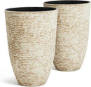 Worth 9 Gallon Tall Round Planters Set of 2-14" Dia x 21" H Stone Finish Flower Pots Indoor Decorative Container Garden Patio Unbreakable Beige by CozyNest Decor