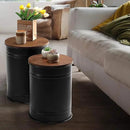 Rustic Storage Ottoman Seat Stool, Farmhouse Accent Side Table, Antique Galvanized Metal End Table Box Bin with Round Wooden Lid Set of 2 (Black) by CozyNest Decor