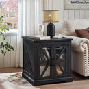 24" End Table with Charging Station, Farmhouse Night Stand with Glass Barn Door, Black Nightstands with Adjustable Storage Shelf, Large Wood Square Bed Side Table for Living Room,Bedroom by CozyNest Decor