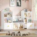 Kids Bookshelf with Reading Nook, Kids Bookcase with Soft Cushion Seat, 2 Wheels Drawers and 8 Storage Cubbies, Toy Storage Organizer for Kid's Room Playroom, Bedroom, School, White by CozyNest Decor