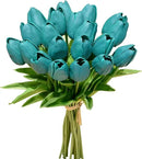 Mandy's Artificial Tulips 20 Stems Teal PU Faux Flowers for Wedding Home Decor 13.5 Inch by CozyNest Decor