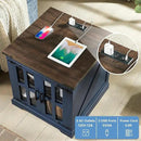 Farmhouse End Table with Charging Station,24" Large Sofa Side Table with Glass Barn Door, Rustic Wood Nightstand Bedside Table with Adjustable Storage Shelf for Living Room, Bedroom, Blue by CozyNest Decor