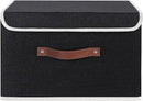 ANMINY Storage Bin with Lid Storage Boxes with PU Leather Handles PP Plastic Board Decorative Foldable Lidded Cotton Linen Fabric Home Cubes Baskets Closet Organizer Container - Black, Large Size by CozyNest Decor