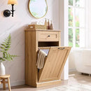 Tilt Out Laundry Hamper Cabinet, 10 Gallon Farmhouse Trash Can Cabinet with Drawer, Hidden Wood Garbage Can Bin Cabinets with Laundry Storage Basket for Bathroom, Kitchen, Natural by CozyNest Decor