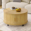 Round Coffee Table with Storage, 31.5" Modern Coffee Table with 360° Curved Sliding Door, Fluted Wood Accent Coffee Table with Adjustable Footpads, Round Center Table for Living Room, Oak by CozyNest Decor