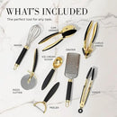 Black and Gold Kitchen Utensils - Luxe 8-Piece Gold Kitchen Tools Set with Can Opener, Pizza Cutter, Peeler, Mini Whisk, and Tongs - Stylish Accessories for Modern Cooking and Ideal for Gifting by CozyNest Decor
