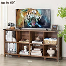8 Cube Book Shelf, Farmhouse Wood Long Storage Organizer Bookcase, 62" Horizontal Brown Walnut Console Closet Bookshelf, Hallway TV Stand for Entryway, Display Cabinet Book Case for Office by CozyNest Decor