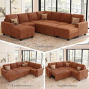 Belffin Modular Sectional Sleeper Sofa with Pull Out Couch Bed Corduroy Double Chaise with Storage Brick Red Couch by CozyNest Decor