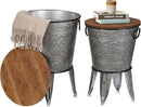 Rustee Rustic Storage Farmhouse Accent Side Table,Antique Galvanized Metal End Coffee Cocktail Table Box Bin with Round Wooden Lid Set of 2 (Galvanized),HC2009WT,One size by CozyNest Decor