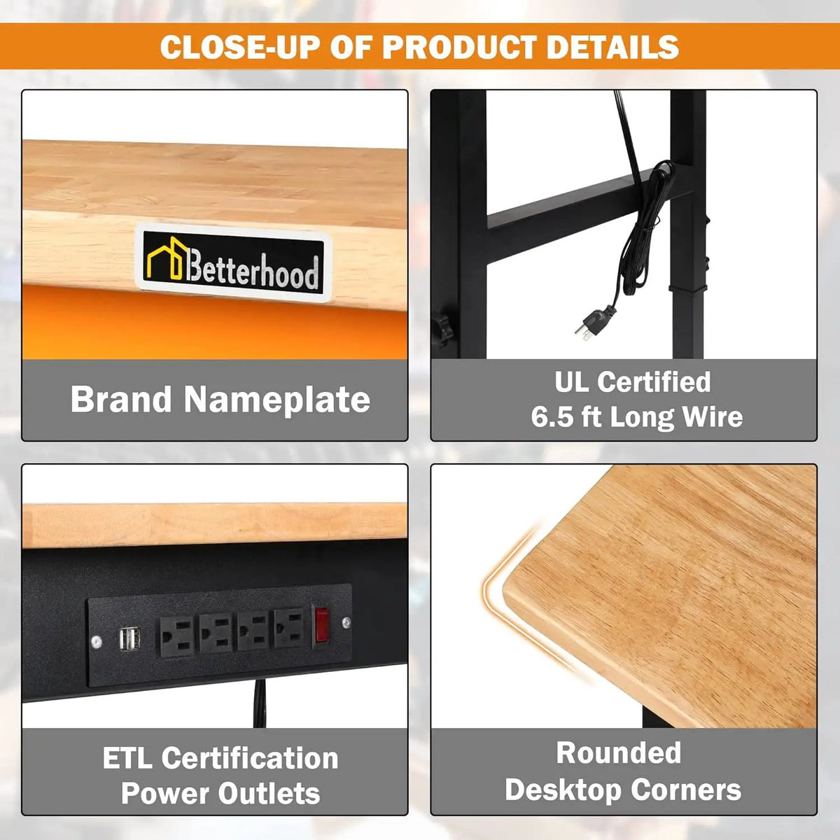 Adjustable Height Workbench, 60" Rubber Wood Top Heavy Duty Workstation with Power Outlets, 2000 LBS Load Capacity Hardwood Worktable for Workshop, Garage, Office, Home, Commercial, photo 6 of 6
